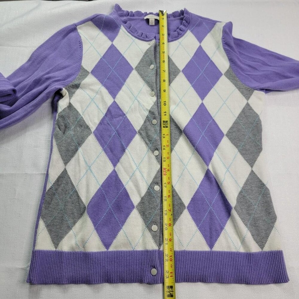 Talbots Argyle Cardigan Sweater Women's Size Small Purple Gray Ruffle Neck - Picture 6 of 9
